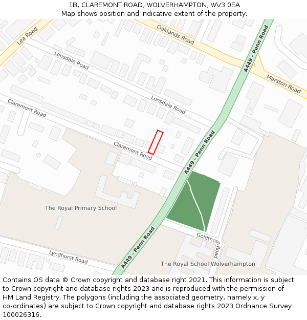 1B, CLAREMONT ROAD, WOLVERHAMPTON, WV3 0EA: Location map and indicative extent of plot