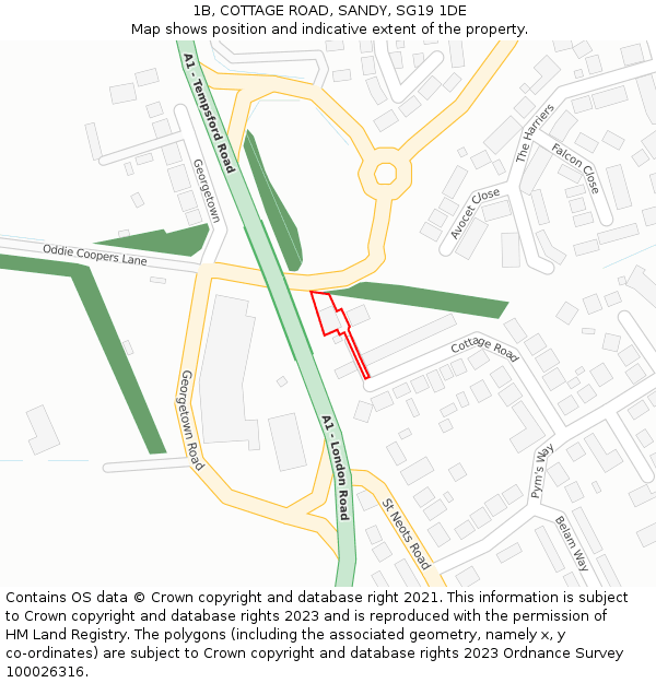 1B, COTTAGE ROAD, SANDY, SG19 1DE: Location map and indicative extent of plot