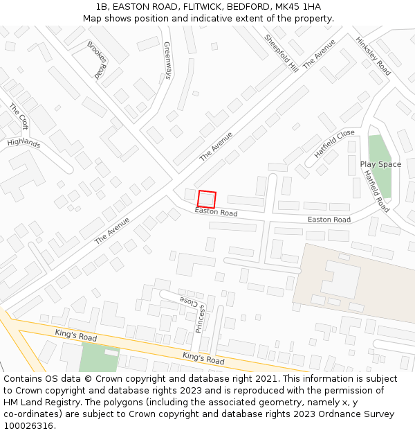 1B, EASTON ROAD, FLITWICK, BEDFORD, MK45 1HA: Location map and indicative extent of plot