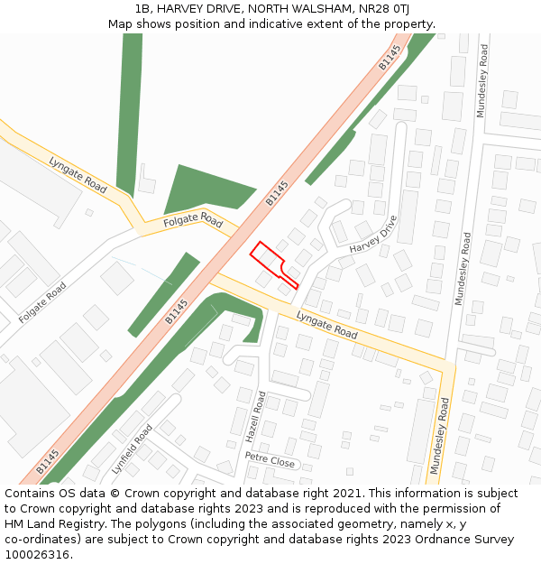 1B, HARVEY DRIVE, NORTH WALSHAM, NR28 0TJ: Location map and indicative extent of plot