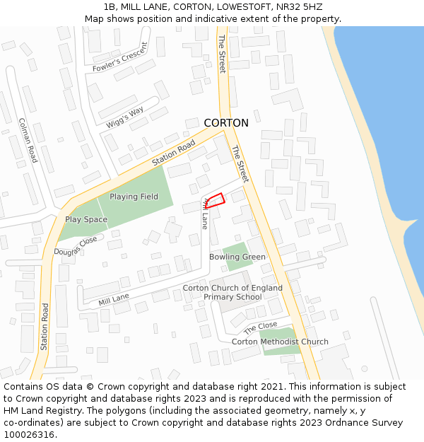 1B, MILL LANE, CORTON, LOWESTOFT, NR32 5HZ: Location map and indicative extent of plot