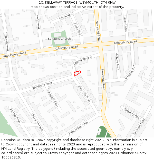 1C, KELLAWAY TERRACE, WEYMOUTH, DT4 0HW: Location map and indicative extent of plot