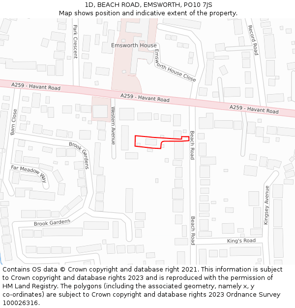 1D, BEACH ROAD, EMSWORTH, PO10 7JS: Location map and indicative extent of plot