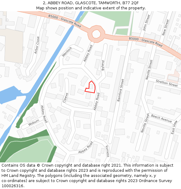 2, ABBEY ROAD, GLASCOTE, TAMWORTH, B77 2QF: Location map and indicative extent of plot
