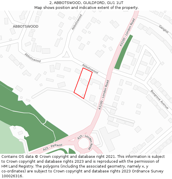 2, ABBOTSWOOD, GUILDFORD, GU1 1UT: Location map and indicative extent of plot