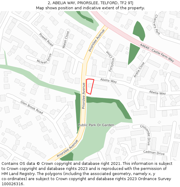 2, ABELIA WAY, PRIORSLEE, TELFORD, TF2 9TJ: Location map and indicative extent of plot