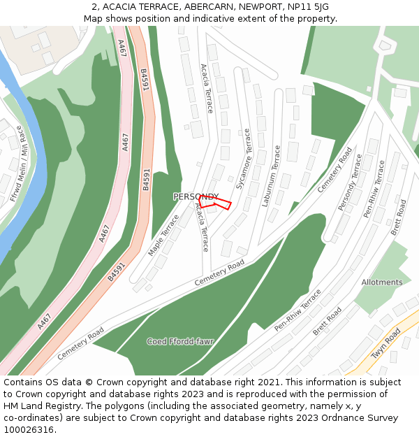 2, ACACIA TERRACE, ABERCARN, NEWPORT, NP11 5JG: Location map and indicative extent of plot
