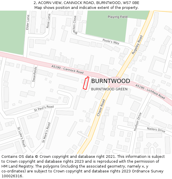 2, ACORN VIEW, CANNOCK ROAD, BURNTWOOD, WS7 0BE: Location map and indicative extent of plot