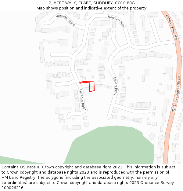 2, ACRE WALK, CLARE, SUDBURY, CO10 8RG: Location map and indicative extent of plot