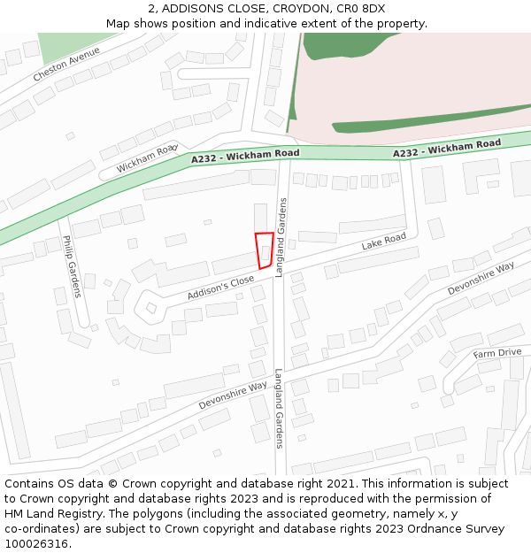 2, ADDISONS CLOSE, CROYDON, CR0 8DX: Location map and indicative extent of plot