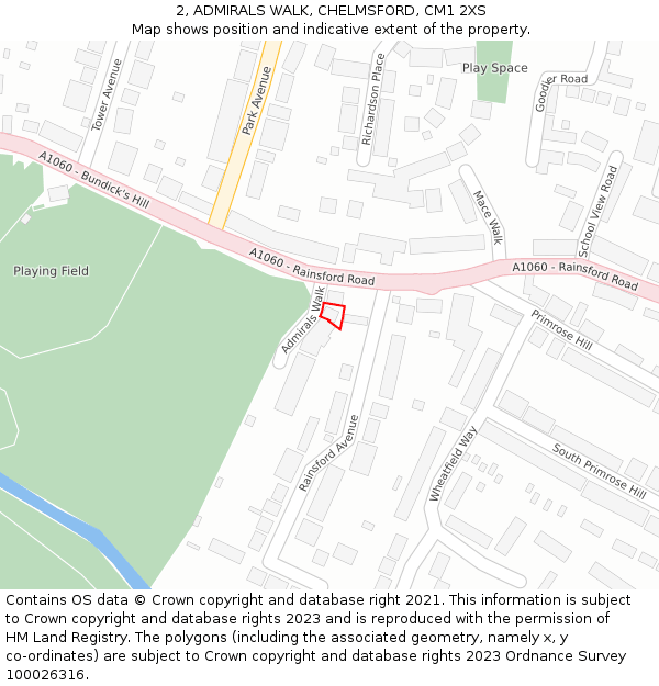 2, ADMIRALS WALK, CHELMSFORD, CM1 2XS: Location map and indicative extent of plot