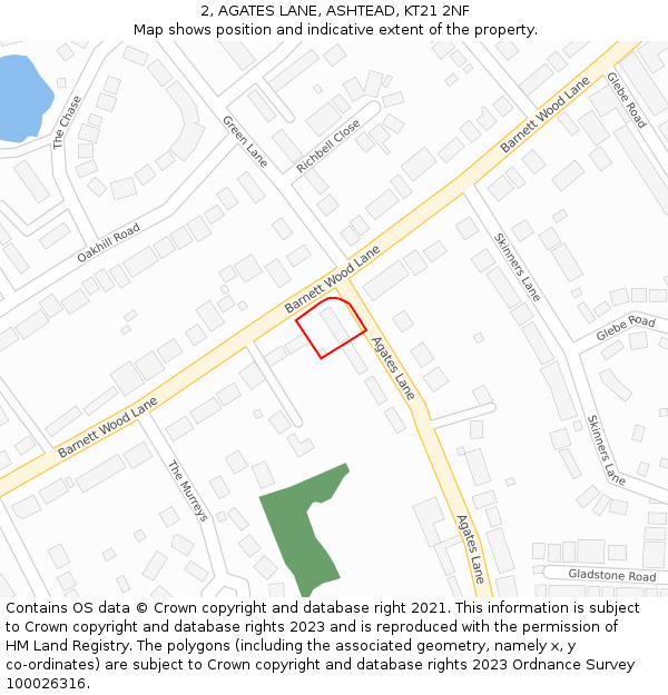 2, AGATES LANE, ASHTEAD, KT21 2NF: Location map and indicative extent of plot