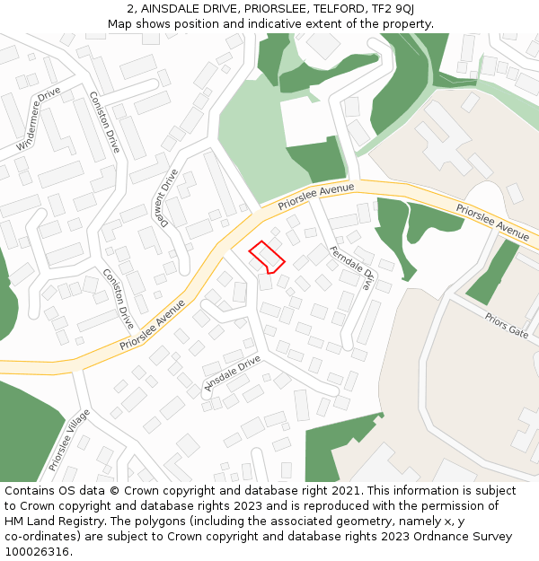2, AINSDALE DRIVE, PRIORSLEE, TELFORD, TF2 9QJ: Location map and indicative extent of plot