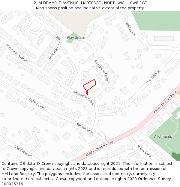 2, ALBEMARLE AVENUE, HARTFORD, NORTHWICH, CW8 1GT: Location map and indicative extent of plot