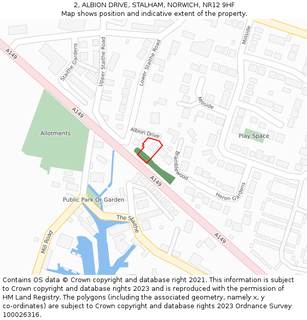 2, ALBION DRIVE, STALHAM, NORWICH, NR12 9HF: Location map and indicative extent of plot