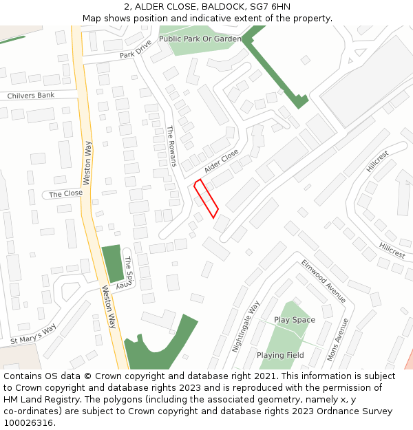 2, ALDER CLOSE, BALDOCK, SG7 6HN: Location map and indicative extent of plot
