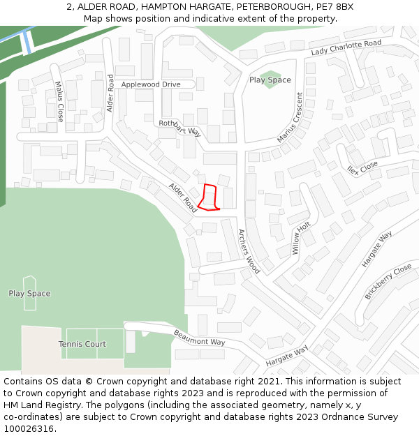 2, ALDER ROAD, HAMPTON HARGATE, PETERBOROUGH, PE7 8BX: Location map and indicative extent of plot
