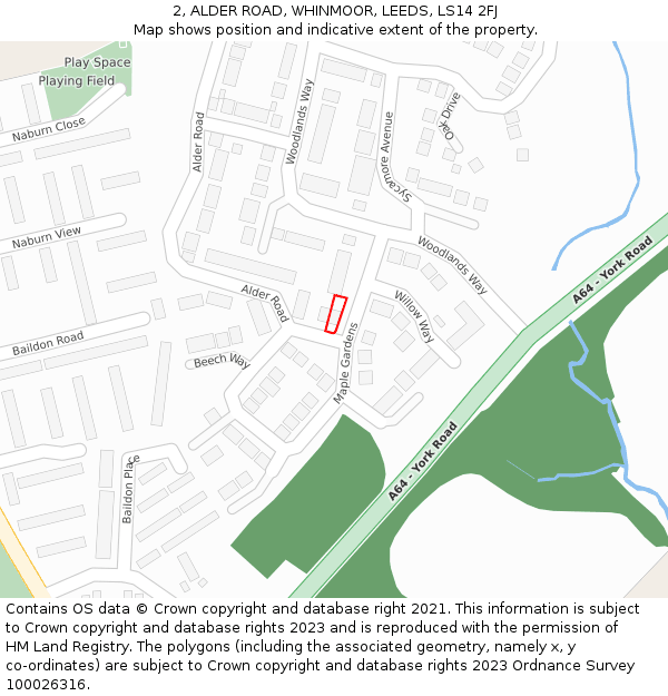 2, ALDER ROAD, WHINMOOR, LEEDS, LS14 2FJ: Location map and indicative extent of plot