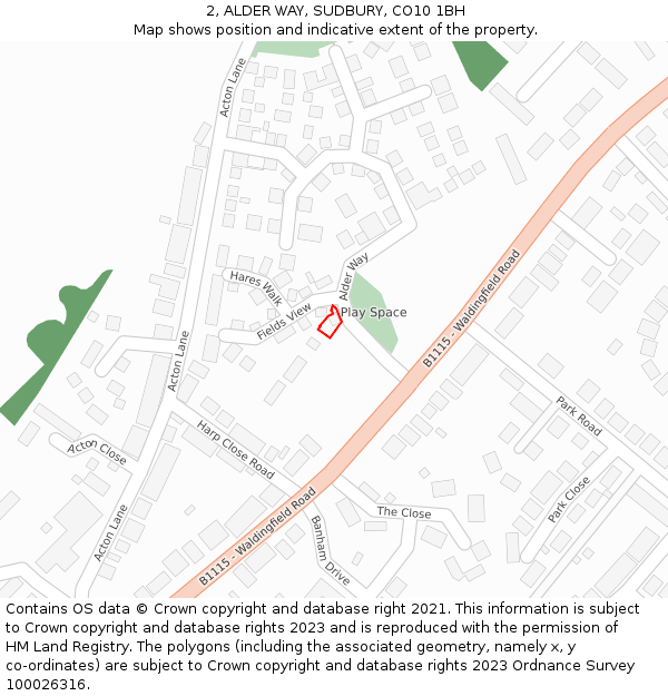2, ALDER WAY, SUDBURY, CO10 1BH: Location map and indicative extent of plot