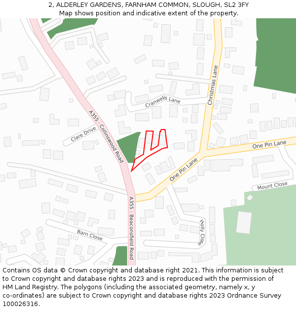 2, ALDERLEY GARDENS, FARNHAM COMMON, SLOUGH, SL2 3FY: Location map and indicative extent of plot