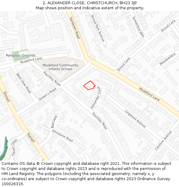 2, ALEXANDER CLOSE, CHRISTCHURCH, BH23 3JP: Location map and indicative extent of plot