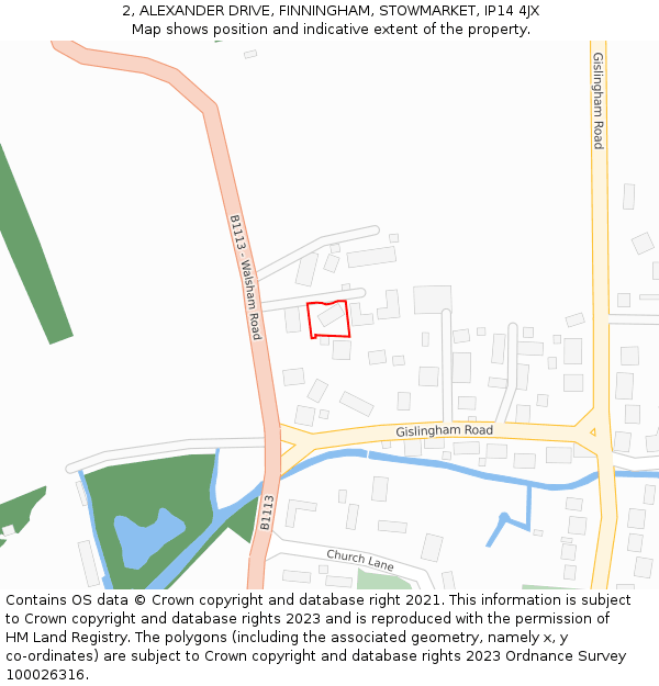 2, ALEXANDER DRIVE, FINNINGHAM, STOWMARKET, IP14 4JX: Location map and indicative extent of plot