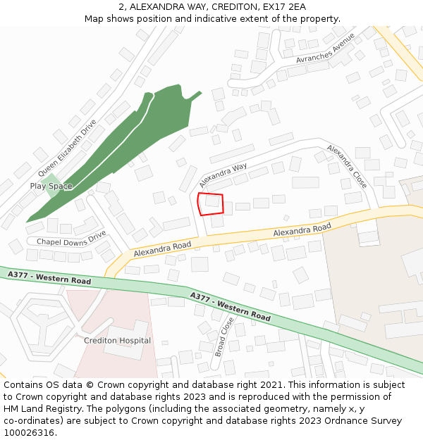 2, ALEXANDRA WAY, CREDITON, EX17 2EA: Location map and indicative extent of plot