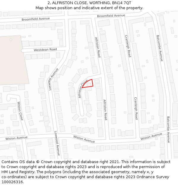 2, ALFRISTON CLOSE, WORTHING, BN14 7QT: Location map and indicative extent of plot