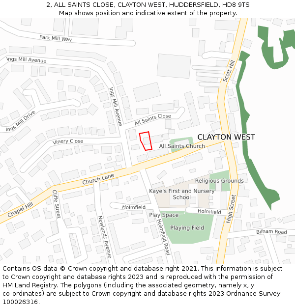 2, ALL SAINTS CLOSE, CLAYTON WEST, HUDDERSFIELD, HD8 9TS: Location map and indicative extent of plot