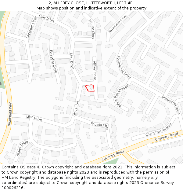 2, ALLFREY CLOSE, LUTTERWORTH, LE17 4FH: Location map and indicative extent of plot
