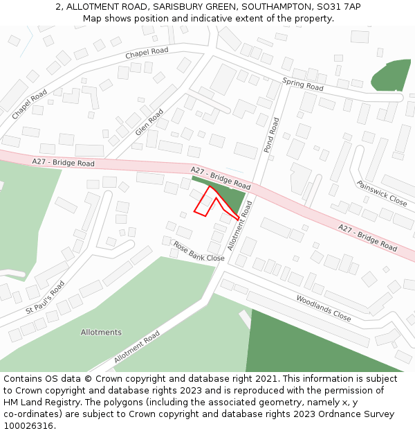 2, ALLOTMENT ROAD, SARISBURY GREEN, SOUTHAMPTON, SO31 7AP: Location map and indicative extent of plot