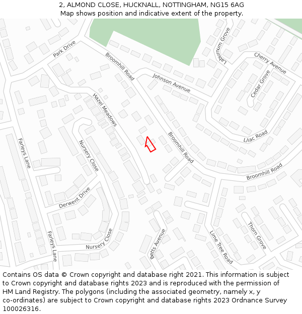 2, ALMOND CLOSE, HUCKNALL, NOTTINGHAM, NG15 6AG: Location map and indicative extent of plot