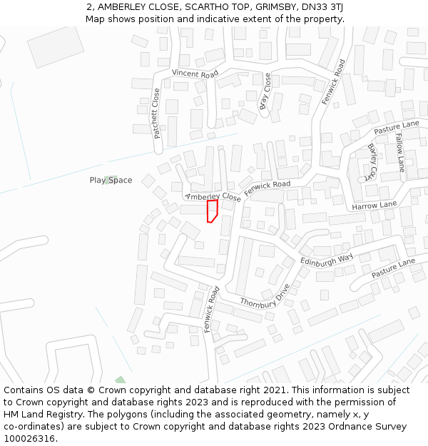2, AMBERLEY CLOSE, SCARTHO TOP, GRIMSBY, DN33 3TJ: Location map and indicative extent of plot