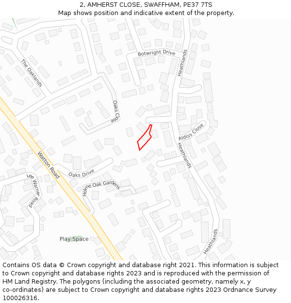 2, AMHERST CLOSE, SWAFFHAM, PE37 7TS: Location map and indicative extent of plot
