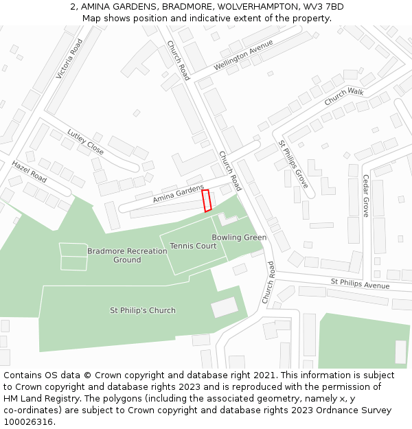 2, AMINA GARDENS, BRADMORE, WOLVERHAMPTON, WV3 7BD: Location map and indicative extent of plot