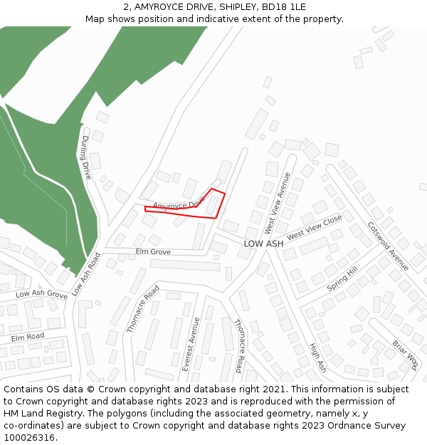 2, AMYROYCE DRIVE, SHIPLEY, BD18 1LE: Location map and indicative extent of plot