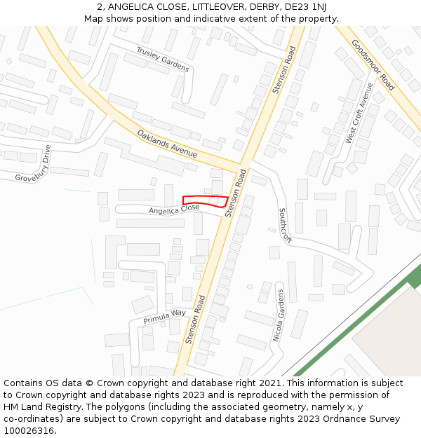 2, ANGELICA CLOSE, LITTLEOVER, DERBY, DE23 1NJ: Location map and indicative extent of plot