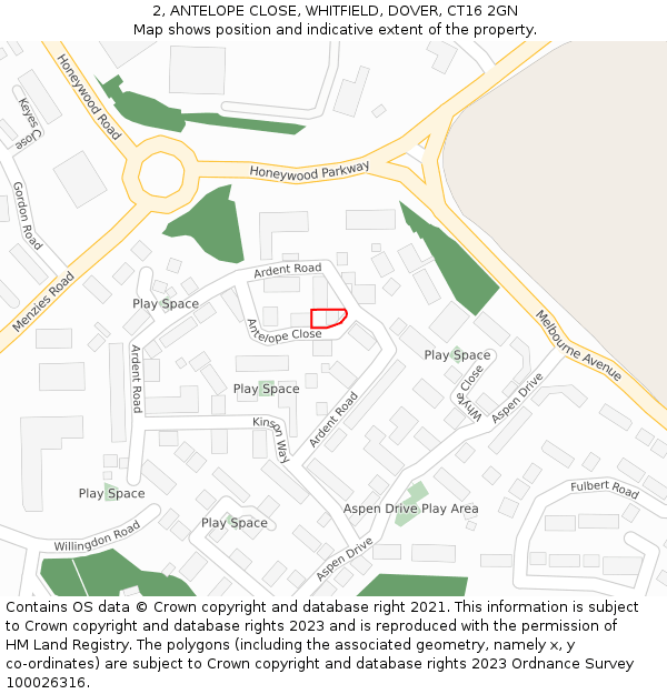 2, ANTELOPE CLOSE, WHITFIELD, DOVER, CT16 2GN: Location map and indicative extent of plot