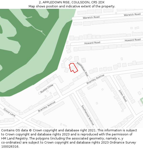 2, APPLEDOWN RISE, COULSDON, CR5 2DX: Location map and indicative extent of plot