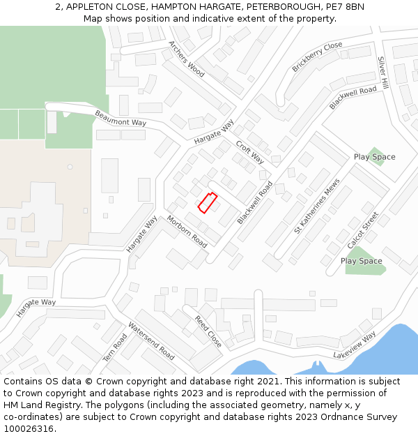 2, APPLETON CLOSE, HAMPTON HARGATE, PETERBOROUGH, PE7 8BN: Location map and indicative extent of plot