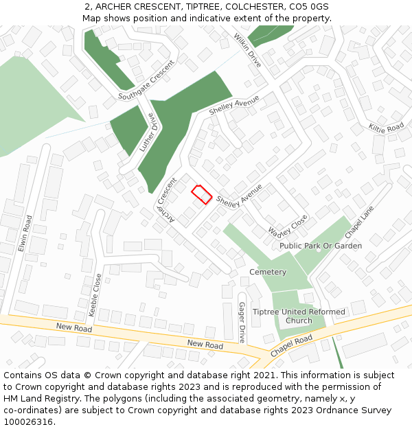 2, ARCHER CRESCENT, TIPTREE, COLCHESTER, CO5 0GS: Location map and indicative extent of plot