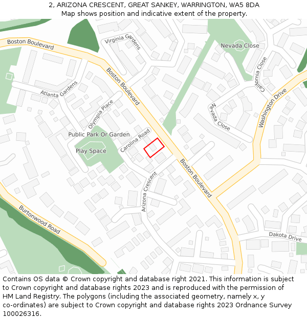 2, ARIZONA CRESCENT, GREAT SANKEY, WARRINGTON, WA5 8DA: Location map and indicative extent of plot
