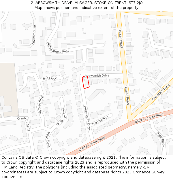 2, ARROWSMITH DRIVE, ALSAGER, STOKE-ON-TRENT, ST7 2JQ: Location map and indicative extent of plot