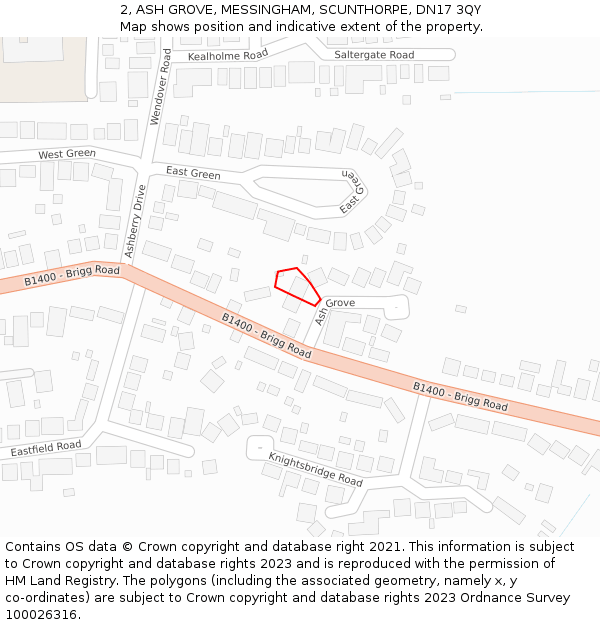2, ASH GROVE, MESSINGHAM, SCUNTHORPE, DN17 3QY: Location map and indicative extent of plot