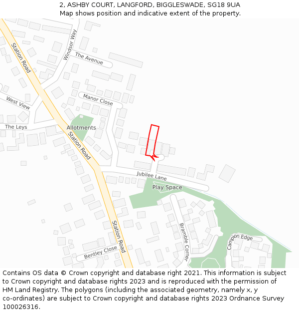 2, ASHBY COURT, LANGFORD, BIGGLESWADE, SG18 9UA: Location map and indicative extent of plot