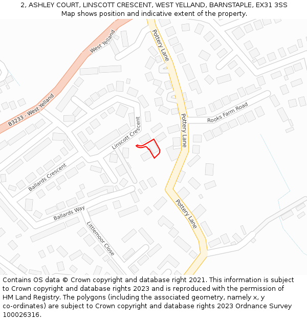2, ASHLEY COURT, LINSCOTT CRESCENT, WEST YELLAND, BARNSTAPLE, EX31 3SS: Location map and indicative extent of plot
