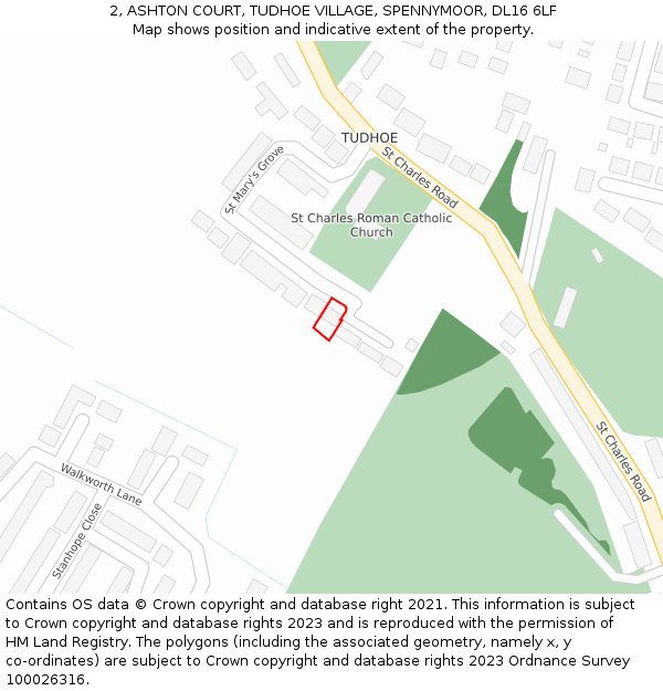 2, ASHTON COURT, TUDHOE VILLAGE, SPENNYMOOR, DL16 6LF: Location map and indicative extent of plot