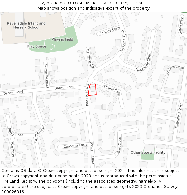 2, AUCKLAND CLOSE, MICKLEOVER, DERBY, DE3 9LH: Location map and indicative extent of plot