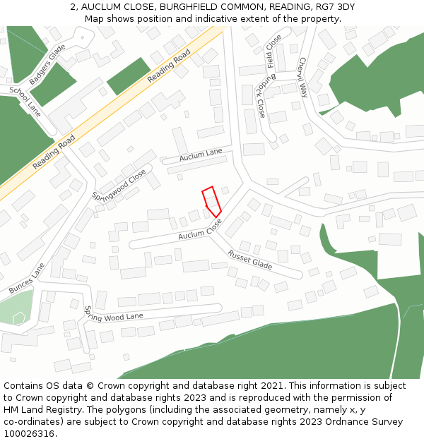 2, AUCLUM CLOSE, BURGHFIELD COMMON, READING, RG7 3DY: Location map and indicative extent of plot