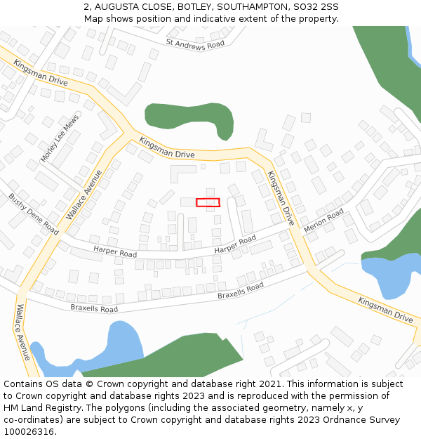 2, AUGUSTA CLOSE, BOTLEY, SOUTHAMPTON, SO32 2SS: Location map and indicative extent of plot